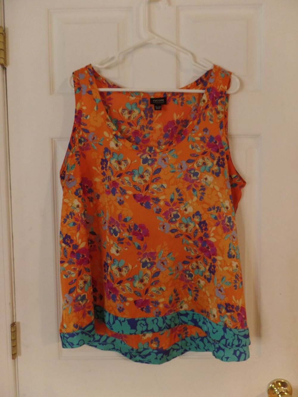 nicole by Nicole Miller XL 14 16 GORGEOUS floral tank blouse high low hem aqua